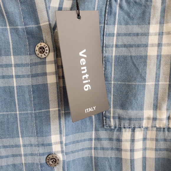 Venti6 Plaid White Blue Tunic Dress Button Up Chunky Collar Raw Hem Size Small - Picture 9 of 10